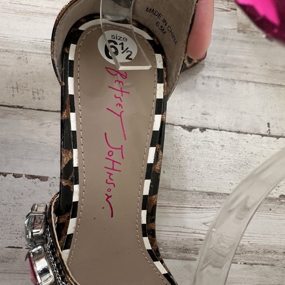 Betsey Johnson Lillie Heels 6.5M Leopard Rhinestone Block Heel Statement Sandals - Picture 10 of 11